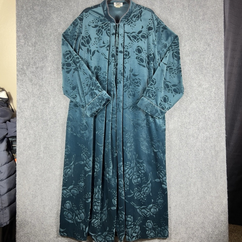 Vintage Jasmine Rose Embossed Velvet Floral Zip Robe 3XL Teal Luxe Lounge